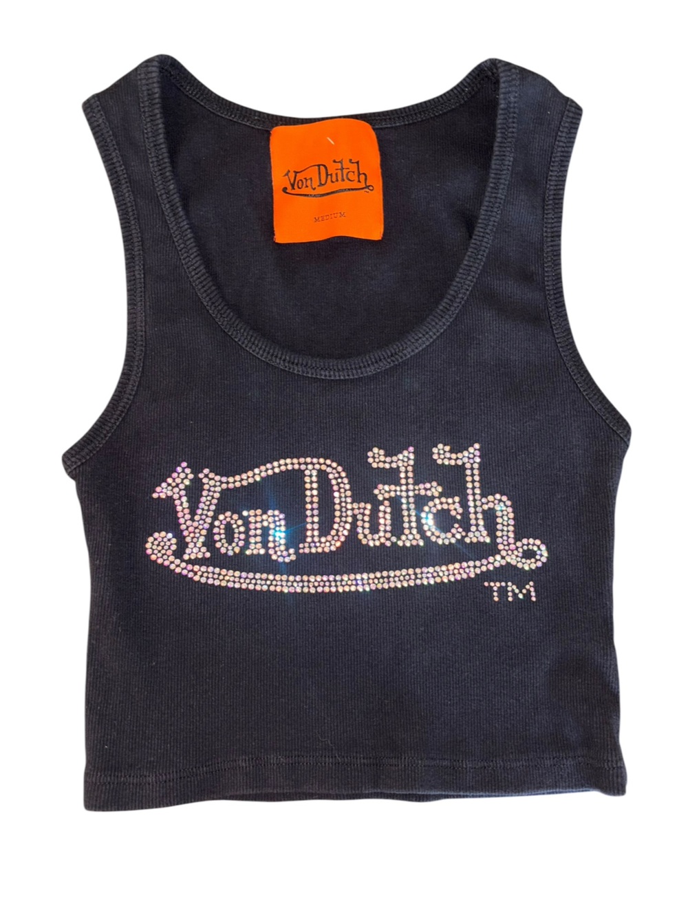 Von Dutch Women's Black Rhinestone Logo Tank Top Y2K